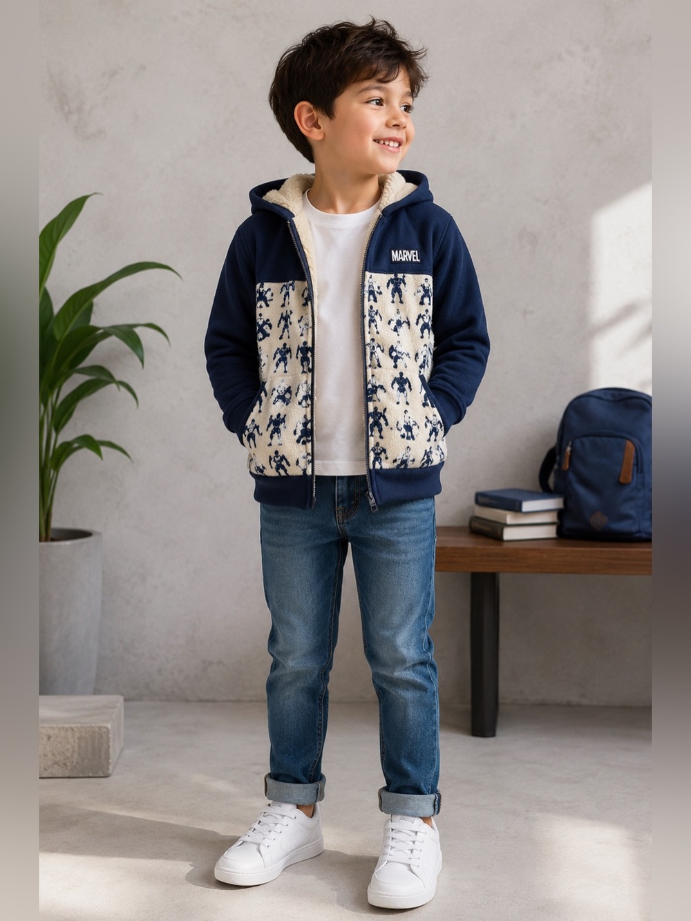 Marvel Hero Print Sherpa Lined Zip Hoodie Jacket Kids Size 6 Blue Cozy‎ Full Zip